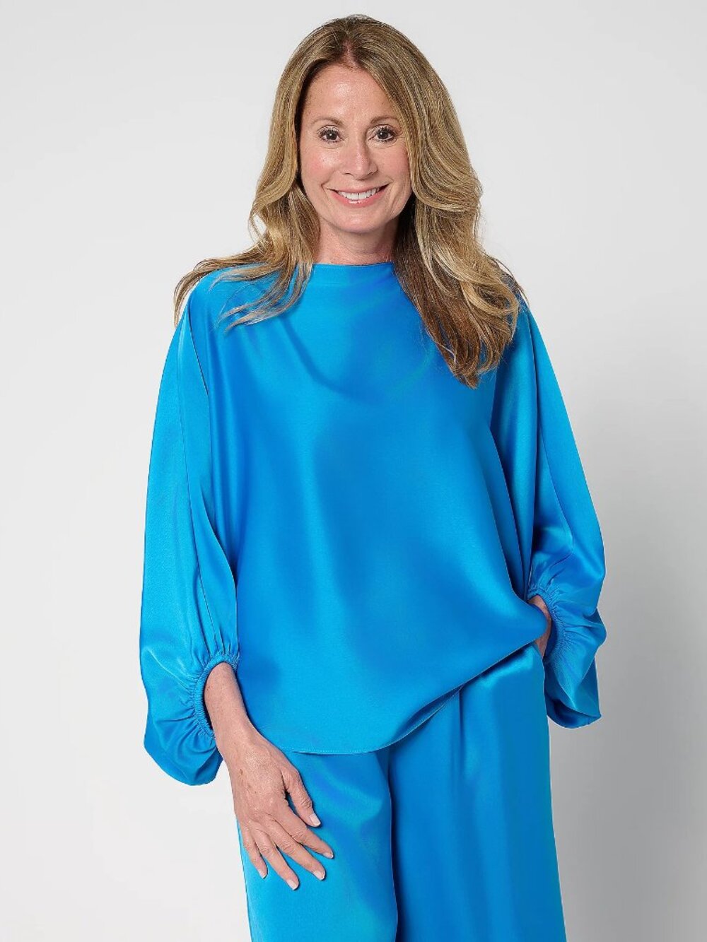 Carla Rockmore Dolman Sleeve Boatneck Satin Blouse, Cerulean Sz XL a693743